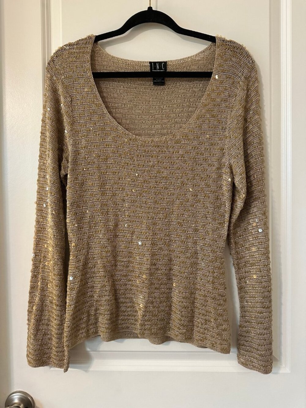 INC Gold Sequin Crochet Knit Sweater — Large